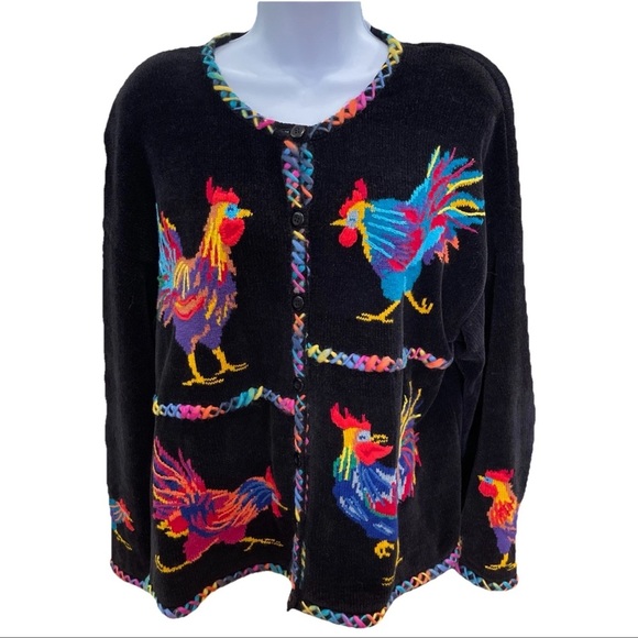 Design Options Philip Jane Gordon Sweater Womens XL Knitted Rooster Cardigan VTG - Picture 1 of 14